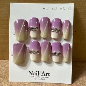 Nail Art Purple Cream Cat Eye Rhinestone Press On Nails Square Medium Size NEW